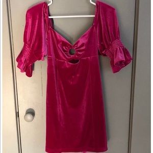 Pink velvet dress with puff sleeves